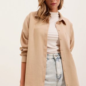 20153 Tek Cepli Oversize Keten Gömlek - A.Bej