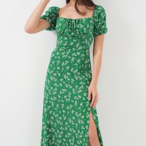 2387 Yırtmaç Detaylı Elbise - Zümrüt Yeşili