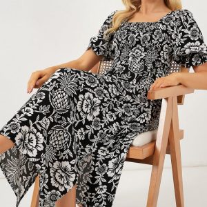 2512 Desenli Yırtmaçlı Elbise - D. Siyah