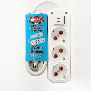 Amiral 3' Lü Topraklı Anahtarlı 2 Metre Kablolu Grup Priz