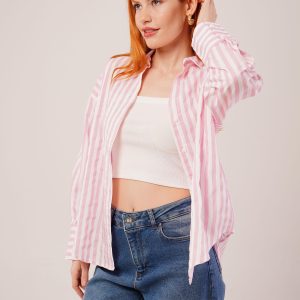 Çizgili Rahat Kesim Pembe Gömlek