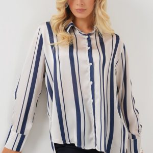 Çizgili Uzun Saten Gömlek 20291 - Lacivert