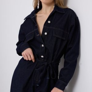 Düğme Detaylı Denim Tulum
