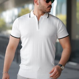 Erkek Fermuar Yakalı çizgi Dokulu Kısa Kollu Tişört