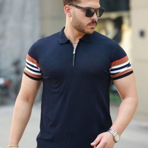 Erkek Fermuar Yakalı Kolları Desenli Kısa Kollu Tişört