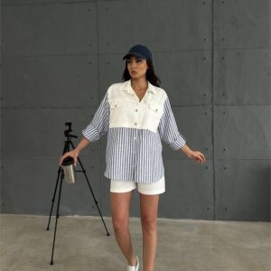 GABARDİN ŞORT - GABARDİN - ÇİZGİLİ KETEN GARNİLİ CEKET TAKIM - Lacivert