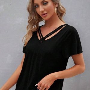 Kadın Kısa Kollu V şerit Yakalı Viskon Bluz