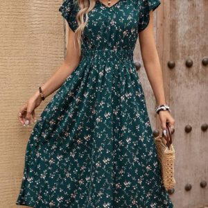 Kadın Kısa Kollu V Yakalı Beli Lastikli çiçek Desenli Süprem Elbise