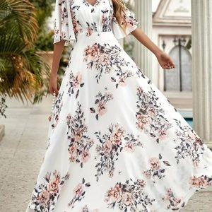 Kadın Kısa Kollu V Yakalı çiçek Desenli Süprem Elbise