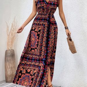 Kadın Kısa Kollu V Yakalı Deseni Yırtmaçlı Süprem Elbise