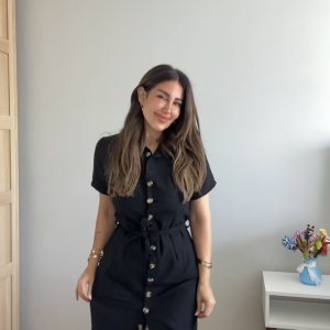 Kadın Kısa Kollu Yakalı önden Düğmeli Beli Kuşaklı Ithal Keten Elbise