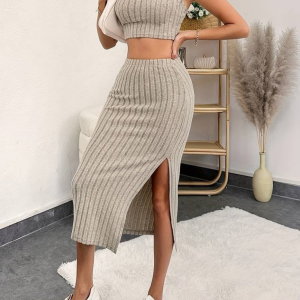 Kadın Kolsuz Askılı Crop Yırtmaçlı Midi Etek Fitilli Kaşkorse Takım