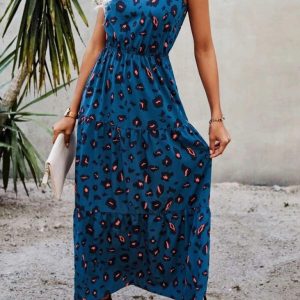 Kadın Kolsuz Bisiklet Yaka Beli Lastikli Desenli Süprem Elbise