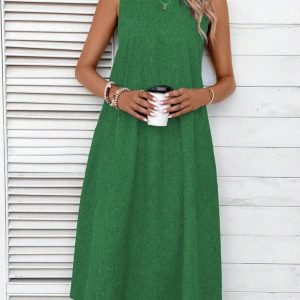 Kadın Kolsuz Bisiklet Yaka Cepli Midi Keten Elbise