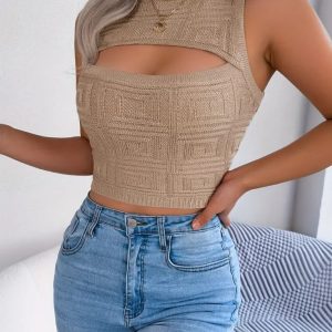 Kadın Kolsuz Bisiklet Yaka Güpüs Dekolteli Triko Crop Bluz