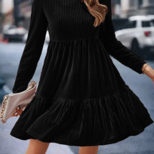 Kadın Uzun Kollu Bisiklet Yaka Pileli Kalın Fitilli Kaşkorse Elbise