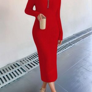 Kadın Uzun Kollu Fermuar Detay Fitilli Kaşkorse Kumaş Maxi Boy Elbise