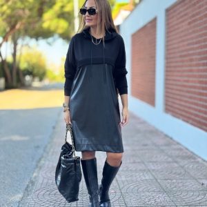 Kadın Uzun Kollu Kapüşon Ve Deri Detay Diz üstü Elbise