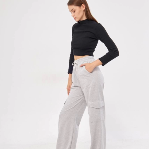 Kargo Cepli Palazzo Oversize Kesim İki Iplik Bol Paça Eşofman Altı Pantalon - Gri
