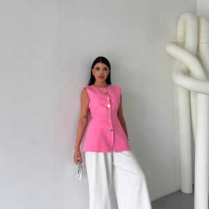 KETEN YELEK BELDEN OTURTMALISIRALI DÜĞME DETAYLI - Pembe