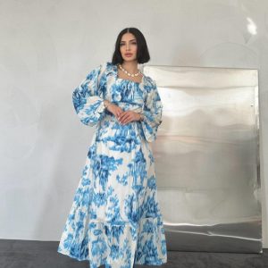 Mavi Arkası Gipeli Uzun Elbise