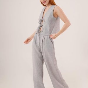 Ön Bağlama Detaylı Yelek Ve Pantolon Gri İkili Takım