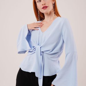 Ön Bağlamalı Volan Kol Bebe Mavisi Bluz