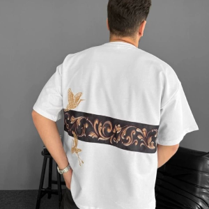Ön Ve Arka Baskılı Oversize Bisiklet Yaka T-shirt - Beyaz