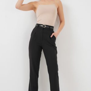 Pileli Kemerli Kumaş Pantolon 6725 - Siyah