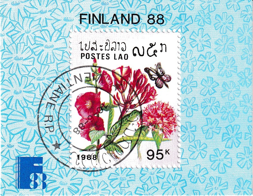 POSTES LAO 1988 Finlandiya Temalı Çiçek ve Kelebek Blok Pulu
