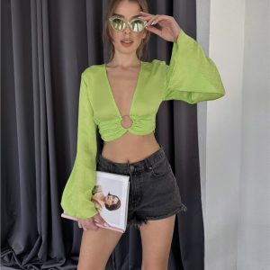 SATEN CROP TOKA DETAYLI BLUZ - Yeşil