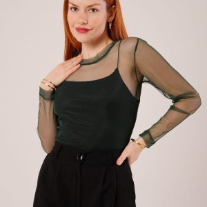 Transparan Yeşil Tül Basic Bluz