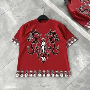 Unisex Bisiklet Yaka Baskılı Oversize T-Shirt - Kırmızı