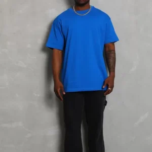 Unisex Oversize Düz Bisiklet Yaka T-Shirt - Mavi