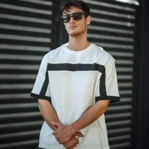 Unisex Yandan Fermuarlı Parçalı T-Shirt - Beyaz