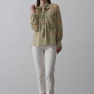 Yakası Fularlı Şifon Gömlek - Fıstık Yeşili